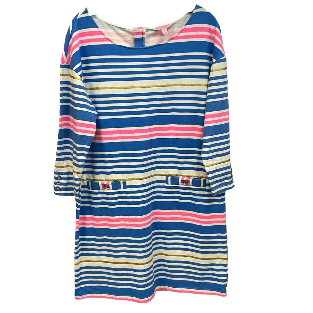 Lilly Pulitzer Women's Size L Striped Cotton Blend Dress Blue Pink Gold